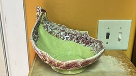 McCoy 9.5x8&quot; Bowl / Dish marked green red majolica drip glaze Vintage An... - $112.49