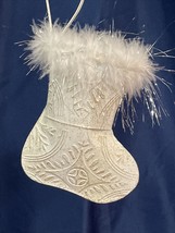 Christmas White Metal W/ Hanging Loop Stocking  Glitter,  Feathers,  9” L X 5” W - £6.18 GBP