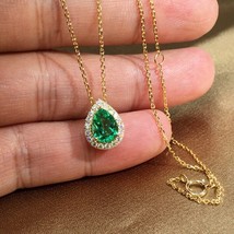 Teardrop 2Ct Pear Cut CZ Green Emerald Halo Pendant 14KYellow Gold Plated-Silver - £106.82 GBP