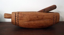 New Guinea Boat Shaped Carved Wooden 13&quot; Mortar and Pestle Decorator Piece - £34.25 GBP