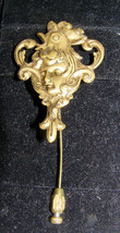 Antique Victorian Brass Stickpin w/ Stamped Rooster Over Female Face + Cartouche - £14.80 GBP