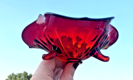 Vtg Fenton Ruby Red Orange Amberina 3 Footed 7&quot; Folded Triangle Bowl Candy Nut - $55.74