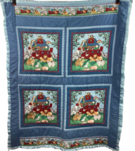 Handmade Noah’s Ark Baby Quilt Blue Flannel Back 38&quot; x 47&quot; Satin Trim Vintage - £23.06 GBP
