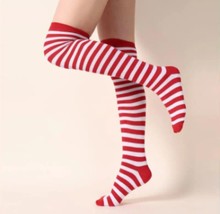 Classic Striped Thigh High Socks All-match Over The Knee  Women&#39;s Red &amp; White - £11.17 GBP