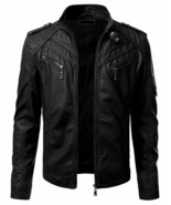 Men&#39;s Cafe Racer Biker Style Designer Black Stylish Real Sheep Leather J... - $2,484.75 MXN