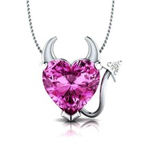 14k White Gold Plated Pink Sapphire &amp; Diamond Devil Heart Pendant Necklace - $37.39