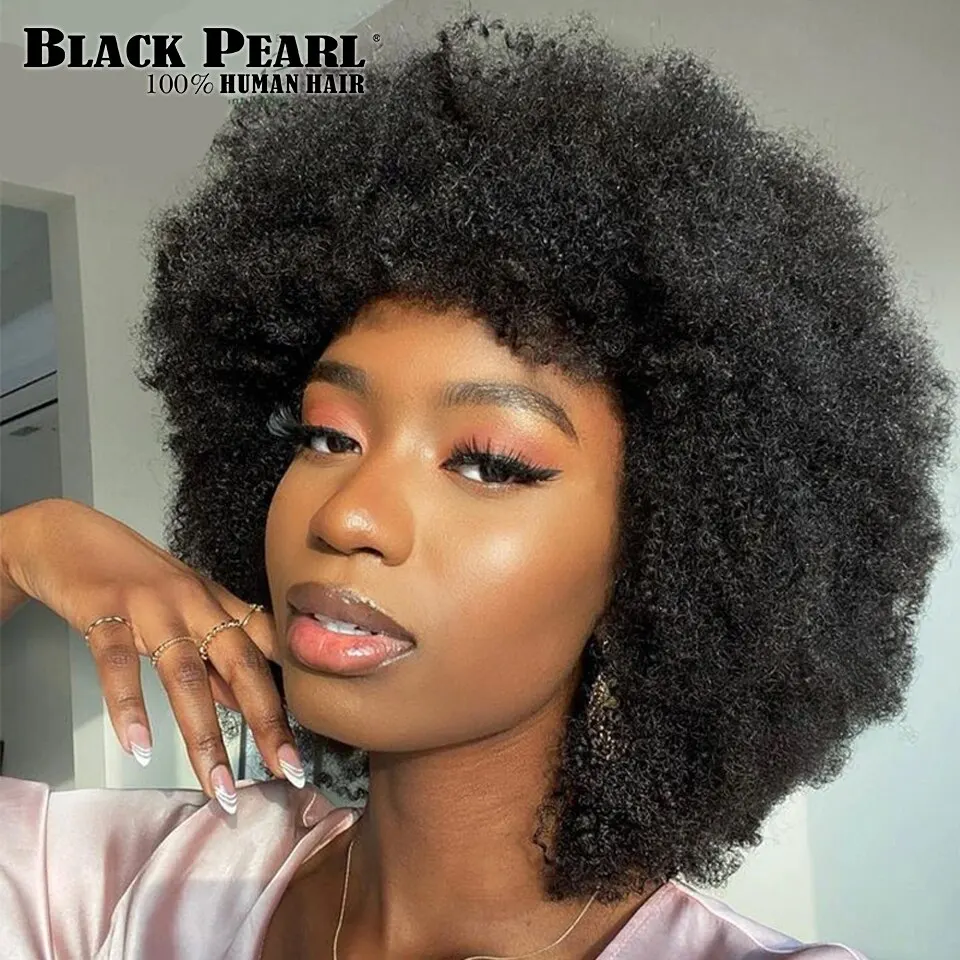 Fluffy Remy Short Afro Kinky Curly Wave Human Hair Wig With Thick Bangs Sho - £27.64 GBP+