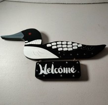 Handmade Handpainted Black White Duck Mallard WELCOME Sign Plaque ~15&quot;W  - £18.91 GBP