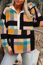 Black Plaid Print Pocketed Half Button Collared Sweatshirt - $44.99