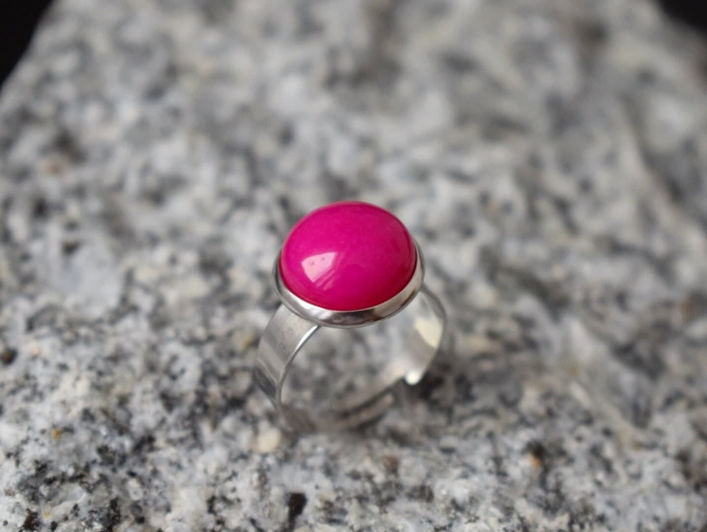 Primary image for Hot pink jade ring silver, Magenta pink, Statement gemstone adjustable ring wome