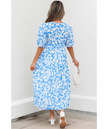 Sky Blue Floral V Neck Puff Short Sleeve Flowy Long Dress - $487.61 MXN