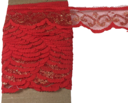 Lace Trim 9 Yards 1.5” Red - Metallic Gold Sparkle Scalloped - 33B - £9.07 GBP