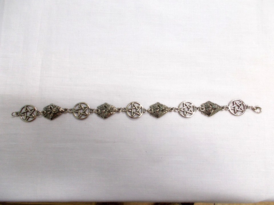 PENTAGRAM STAR and WOLF HEAD LINK USA PEWTER CHARMS BRACELET CUSTOM 9 INCHES Item image 3