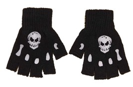 Funky Gothic Stretch Knit Skull Fingerless Gloves Black Silver Novelty Accessory - £3.76 GBP