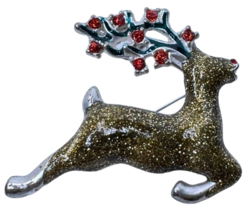 Rudolph Brooch Pin Vintage Christmas Jewelry Reindeer Gold Color Glitter... - £10.38 GBP