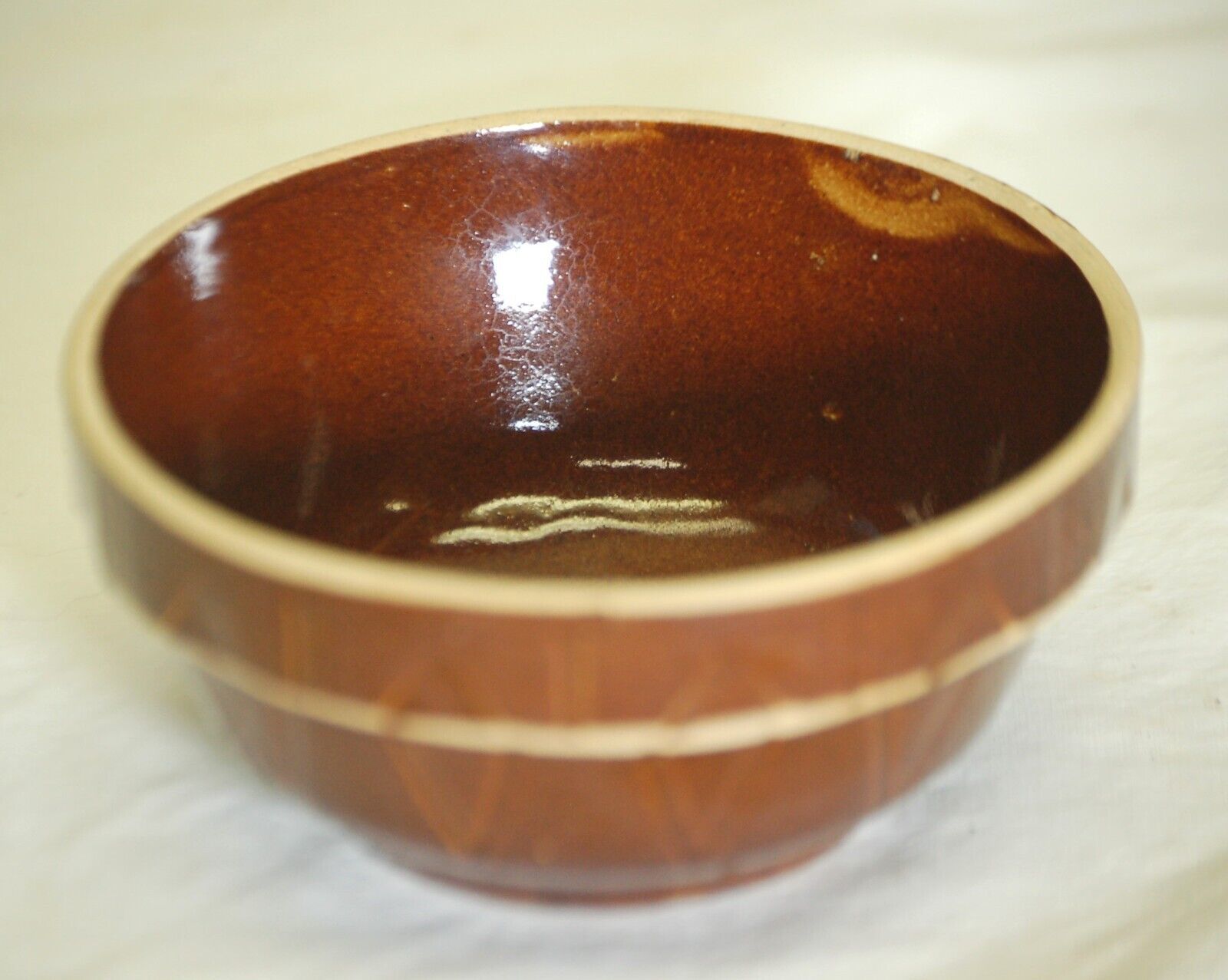 Primitive Picket Fence Stoneware Mixing Bowl Brown Salt Glaze Crock 4-1/2&quot; - $24.75