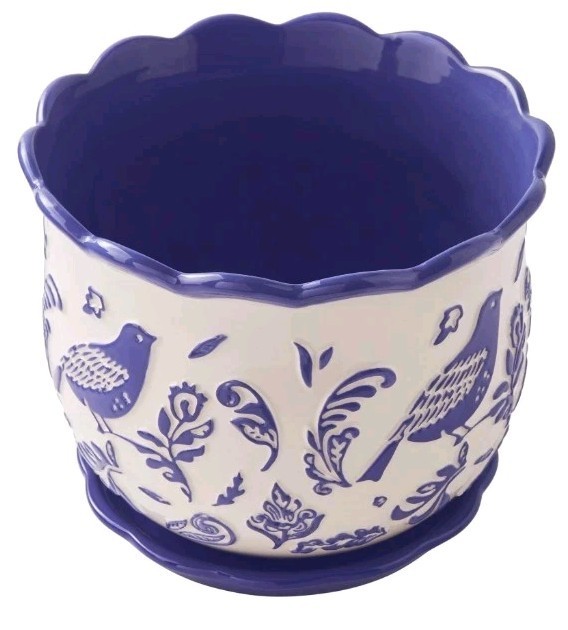 Pioneer Woman ~ MAZIE BIRD Pattern ~ 8" Scalloped Edge ~ Cobalt Blue Planter Item image 8