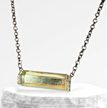 Vintage Yellow Glass Prism Bar Pendant with Clear Rhinestones Necklace 18&quot; - $13.10