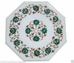 12&quot; White Marble Side Coffee Table Top Malachite Rose Flower Mosaic Inlaid Decor - £718.12 GBP