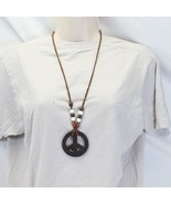 Hippie Peace Symbol Wooden Necklace Handcrafted Vintage - $32.33