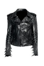Men Black Silver Studded Long Spiked Brando Biker Cowhide Leather Jacket Chain - £159.28 GBP