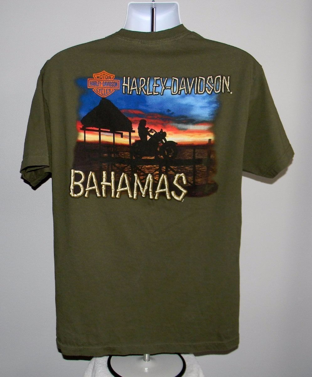 Primary image for HARLEY DAVIDSON BAHAMAS MEN'S T SHIRT LARGE ARMY GREEN BEACH SCENE