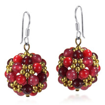 Cluster Ball Coral and Cherry Quartz Stone .925 Silver Earrings - £10.03 GBP