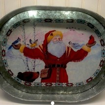 Metal Tin Serving Tray Holiday Christmas Santa Collectible Rustic - $13.58