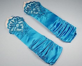 Bridal Prom Costume Adult Satin Fingerless Gloves Turquoise Elbow Length... - $12.59