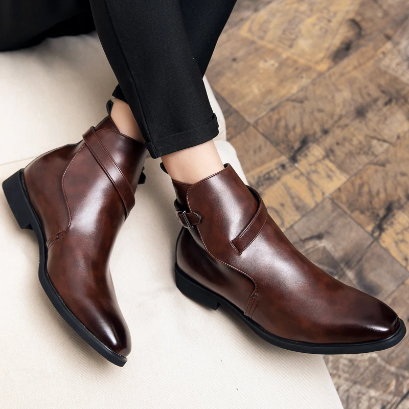 Misalwa Short Plush Men PU Leather Boots Retro Buckle Strap British Chelsea Boot - £215.69 GBP