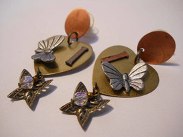 Western Post Earrings Butterflies Copper Brass &amp; Crystals Dangle Earrings - £14.73 GBP