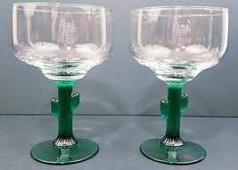 Margarita Saguaro Cactus Glasses Green Stemmed 12 Oz 6.5&quot; x 4&quot; Set Of 2 - $14.99