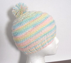 Hand Knitted Child&#39;s Acrylic Yarn Grow Hat with Handmade Pom-Pom - Multi-Pastel  - £17.85 GBP