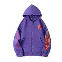 Autumn and winter Korean streetwear purple flame print loose and fleece hooded c - £77.82 GBP
