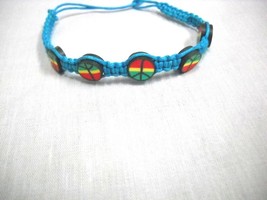 TURQUOISE BLUE MACRAME w RASTA COLOR PEACE SIGN BEADS REGGAE TIE BRACELE... - €4,31 EUR