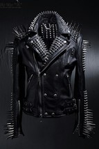 NEW HANDMADE Mens Full Black Punk Silver Long Spiked Studded Leather Buttons Up  - £208.62 GBP