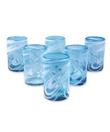 NOVICA Blue And White Swirl Hand Blown Glass Water Glasses, 15 Oz, &#39;Whir... - £95.14 GBP