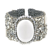 White Enchantment Oval Stone Mix Beaded Cuff Bracelet - £22.71 GBP