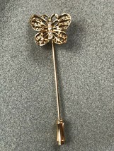 Vintage Lacey Goldtone Butterfly w Clear Rhinestone Body Stick Lapel Pin – 2 and - £8.88 GBP