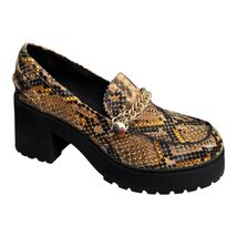 ASOS DESIGN Spicy Chunky Mid Heeled Loafers with Chain in Lime Snake Siz... - $29.92