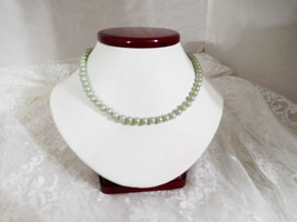 Vintage Green Dyed Pearl Necklace w/Rhinestone Clasp   14&quot;   Dainty Grace - £14.04 GBP