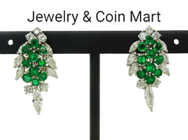 6.19ctw Natural Emerald &amp; Diamond Cluster Omega Earrings 18k White Gold - £8,227.76 GBP