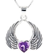 Jewelry Trends Angel Wings Heart Silver Pendant Necklace with Amethyst 18&quot; - $195.08 CAD