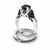 Two Skull Wedding Ring Set 2.65Ct Round Black Moissanite 14k White Gold Size 7 - £246.59 GBP
