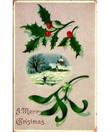 Mistletoe Holly Cabin Scene A Merry Christmas Embossed DB Postcard C4 - $126.20 MXN