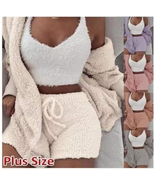 homewear 3 Piece Fluffy Outfits Plush Sexy Backless Fleece Pyjamas Women  - £30.22 GBP