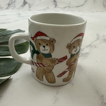 Action Industries Vintage Christmas Coffee Mug White Teddy Bears Candy Cane - $18.80