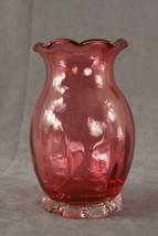 Studio Art Glass Hand Blown Pink Cranberry Flower Vase Clear Foot 5.5&quot; Crimped - £13.08 GBP