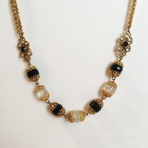 Crystal Rhinestone Necklace Faceted Clear Black Gold Tone Metal Double Chain - £27.94 GBP