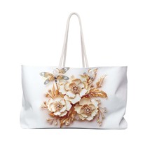 Personalised/Non-Personalised Weekender Bag, Floral, Gold and white, Dragonfly,  - £38.71 GBP